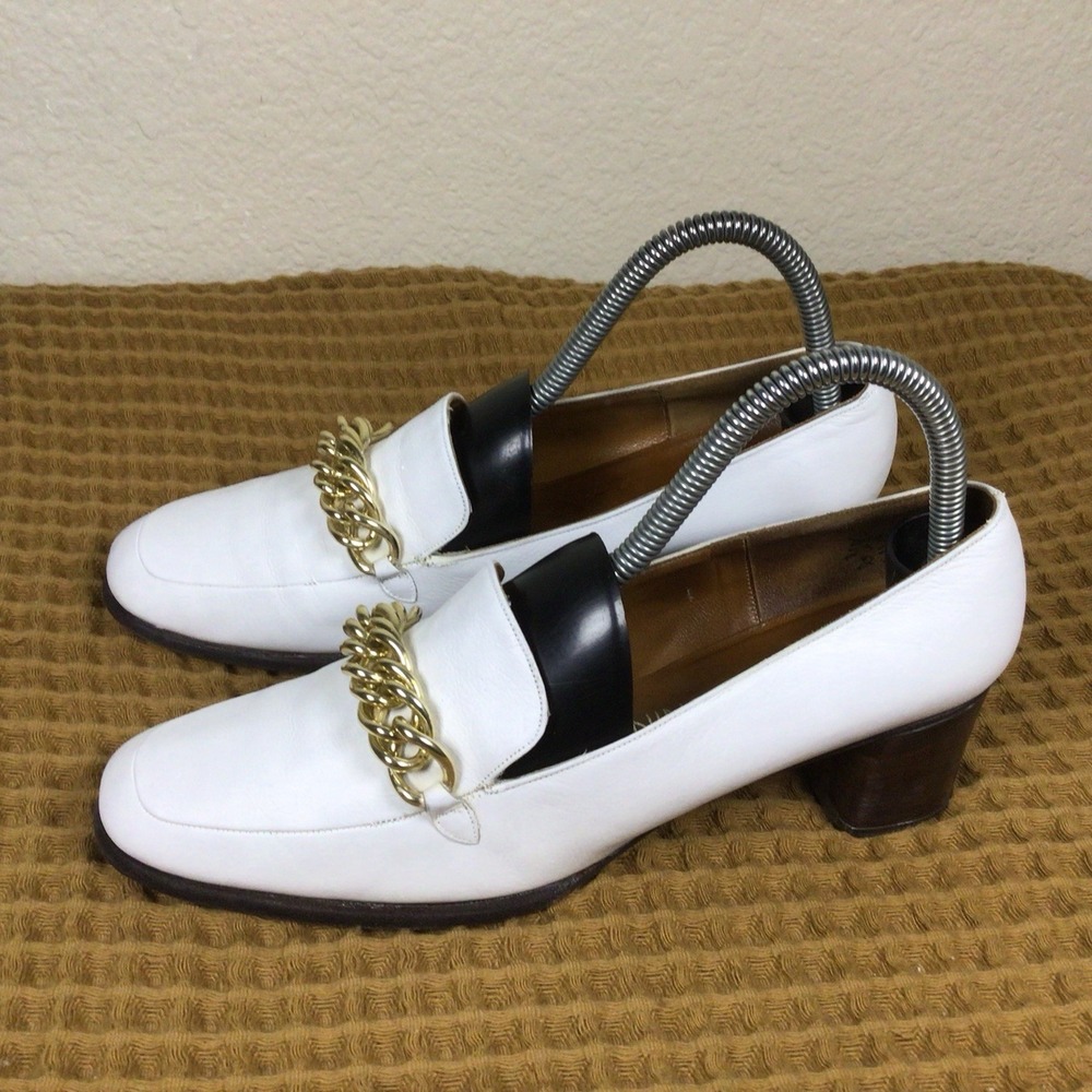 Vintage Hermes Paris I. MAGNIN Womens Sz 8 2A Shoes White Gold Heels Loafers